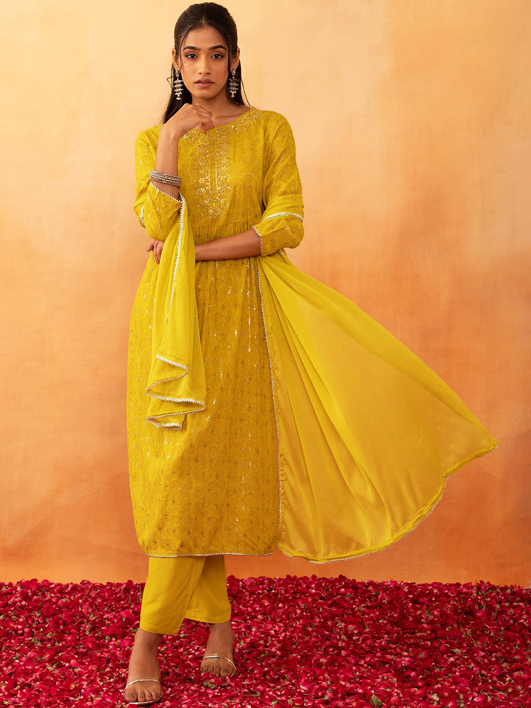 

Rang by Indya Ethnic Motifs Embroidered Miror Work Kurta With Trousers & With Dupattta, Mustard