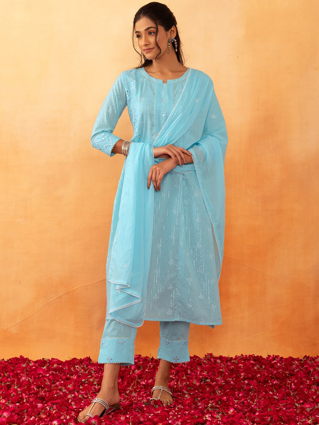 

Rang by Indya Striped Mirror Work Pure Cotton Kurta With Trousers & Dupatta, Blue