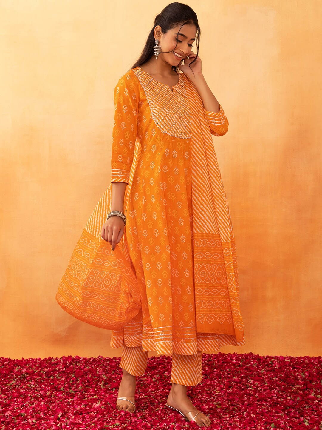 

Rang by Indya Floral Bandhani Printed Mirror Worked Kurta With Trousers & Dupatta, Orange