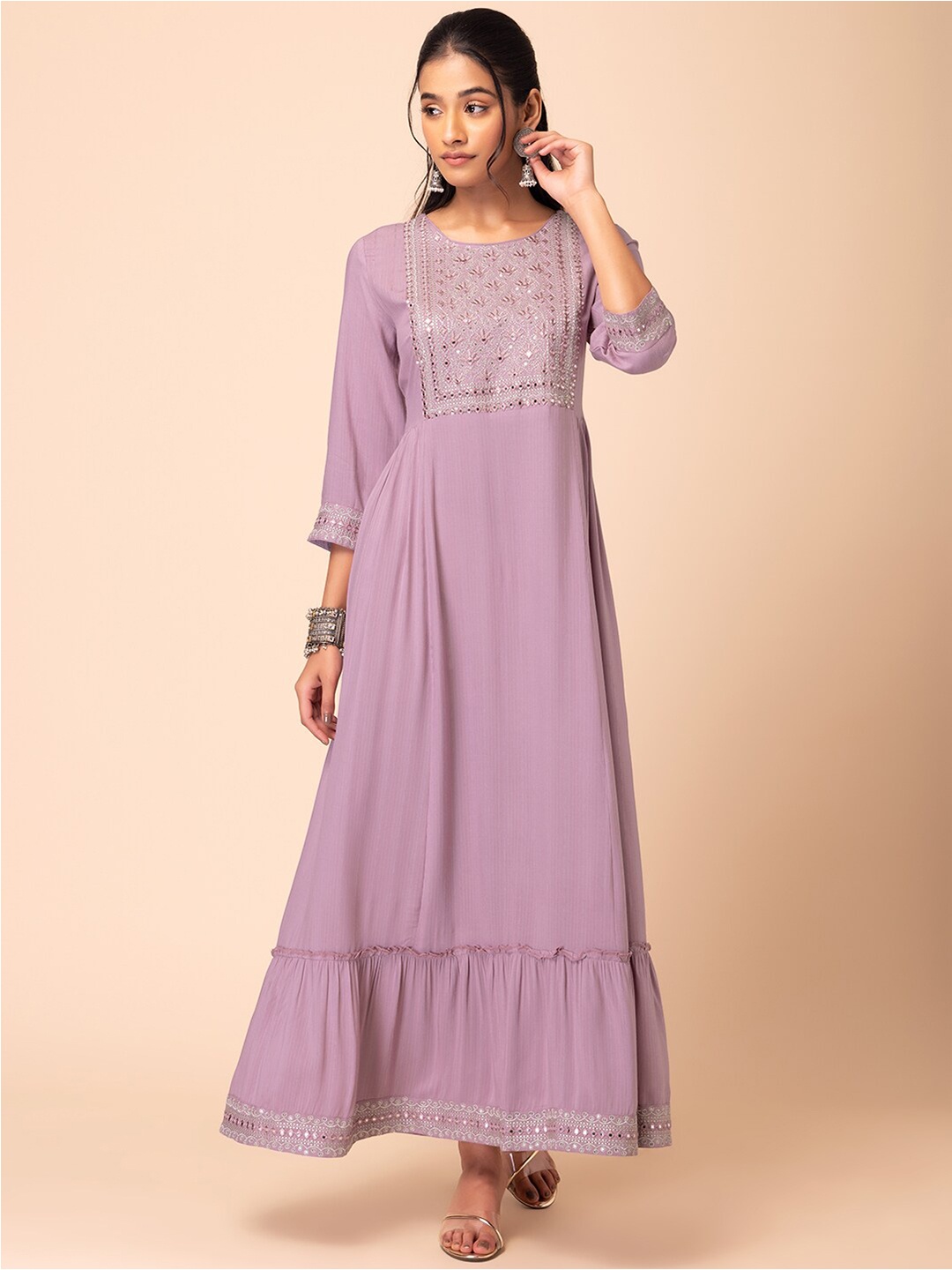 

Rang by Indya Floral Embroidered Maxi Ethnic Dress, Purple