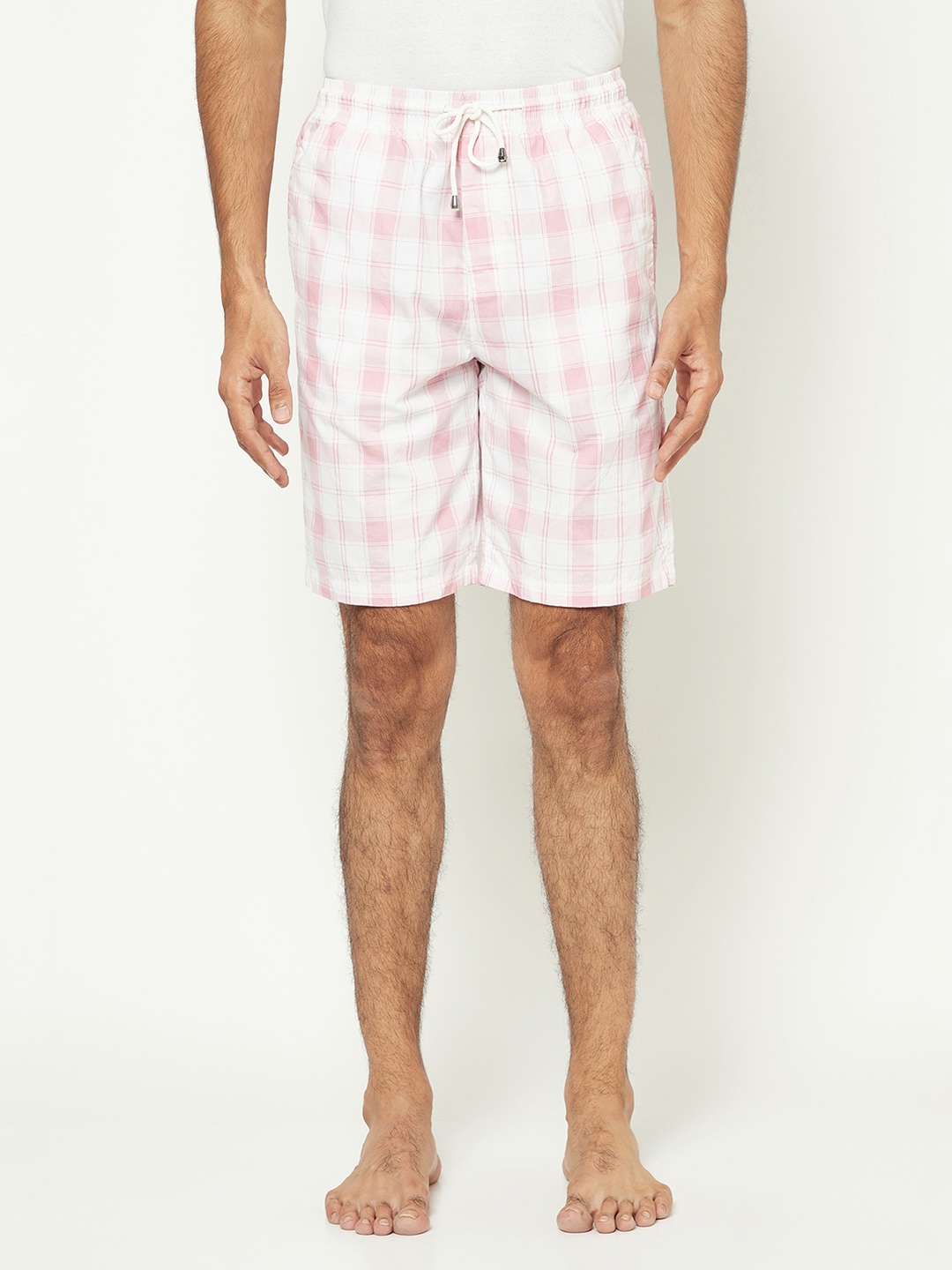

Crimsoune Club Men Mid-Rise Pure Cotton Checked Lounge Shorts, Pink