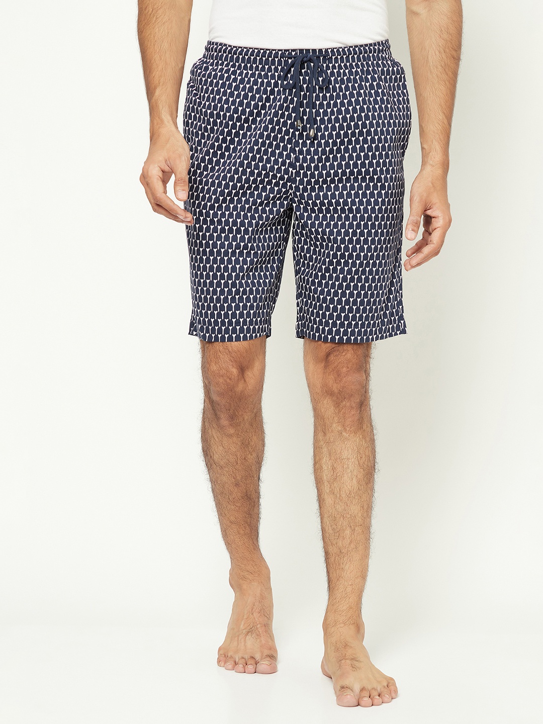 

Crimsoune Club Men Mid-Rise Pure Cotton Geometric Printed Lounge Shorts, Navy blue