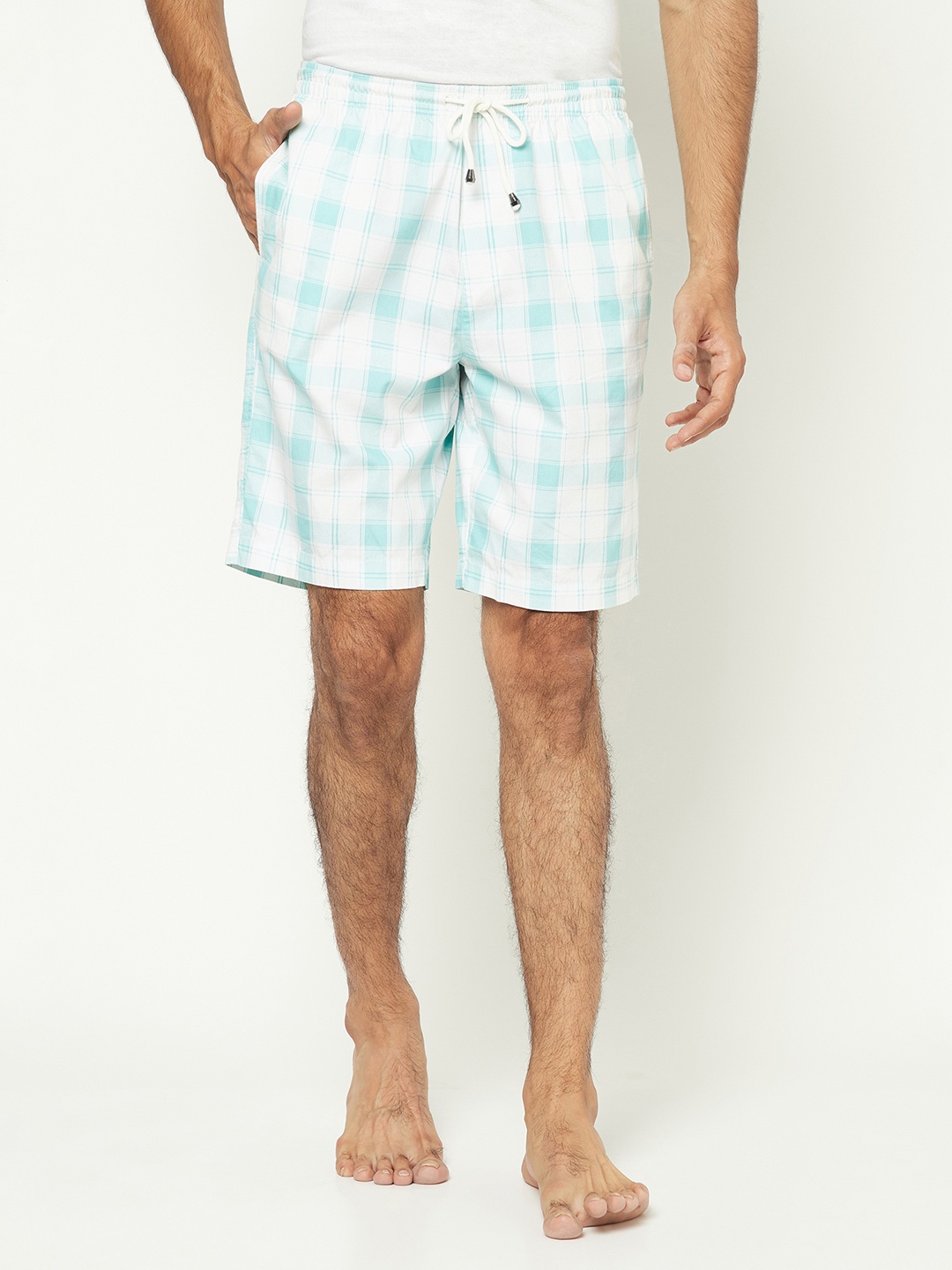 

Crimsoune Club Men Mid Rise Checked Pure Cotton Lounge Shorts, White