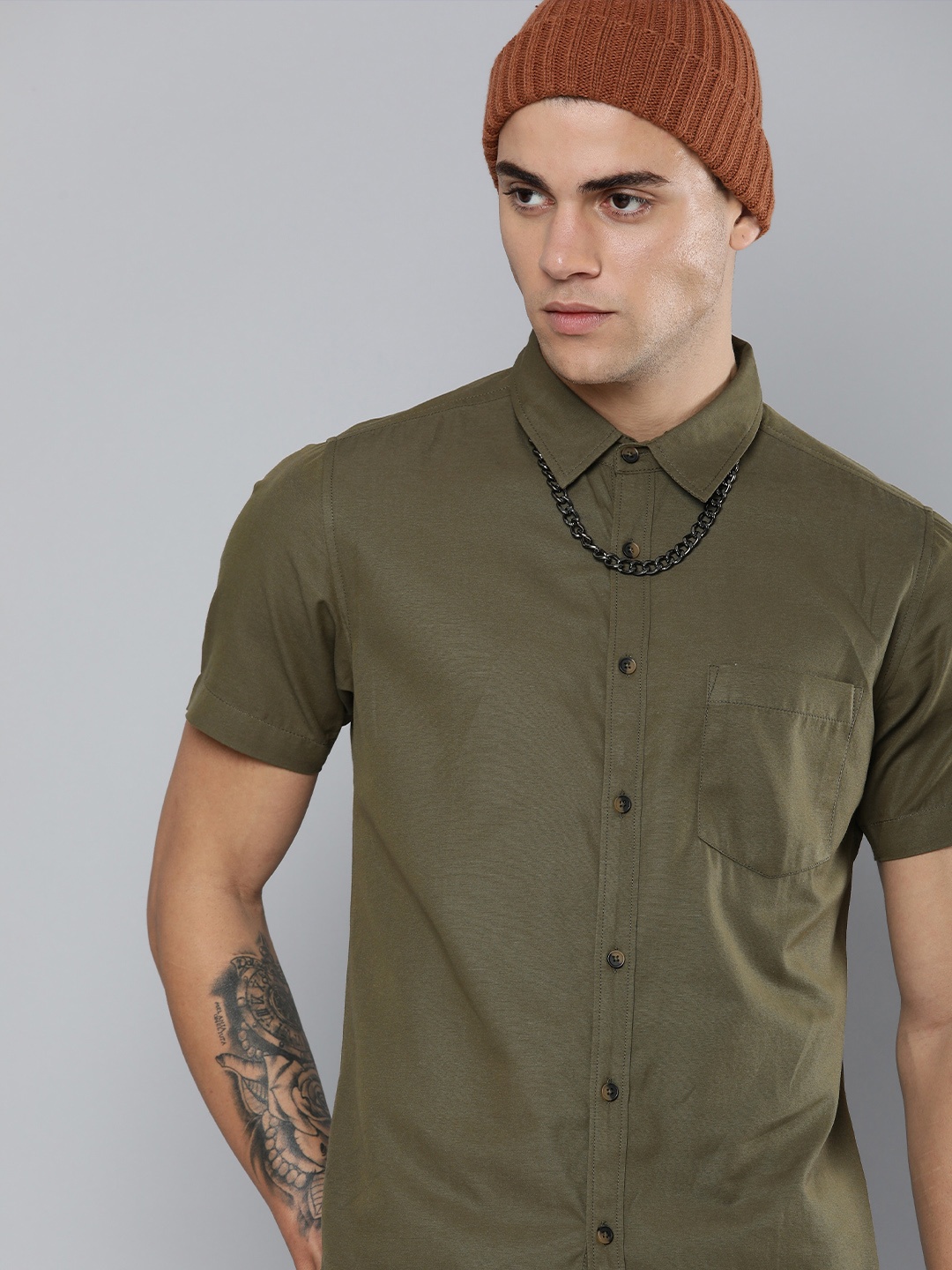 

R.Code by The Roadster Life Co. Solid Spread Collar Casual Shirt, Olive