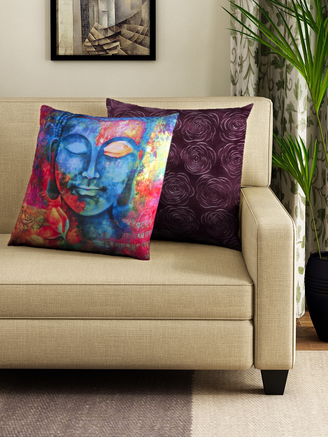 

HOUZZCODE Multicoloured Set of 2 Printed 16'' x 16'' Square Cushion Covers, Multi