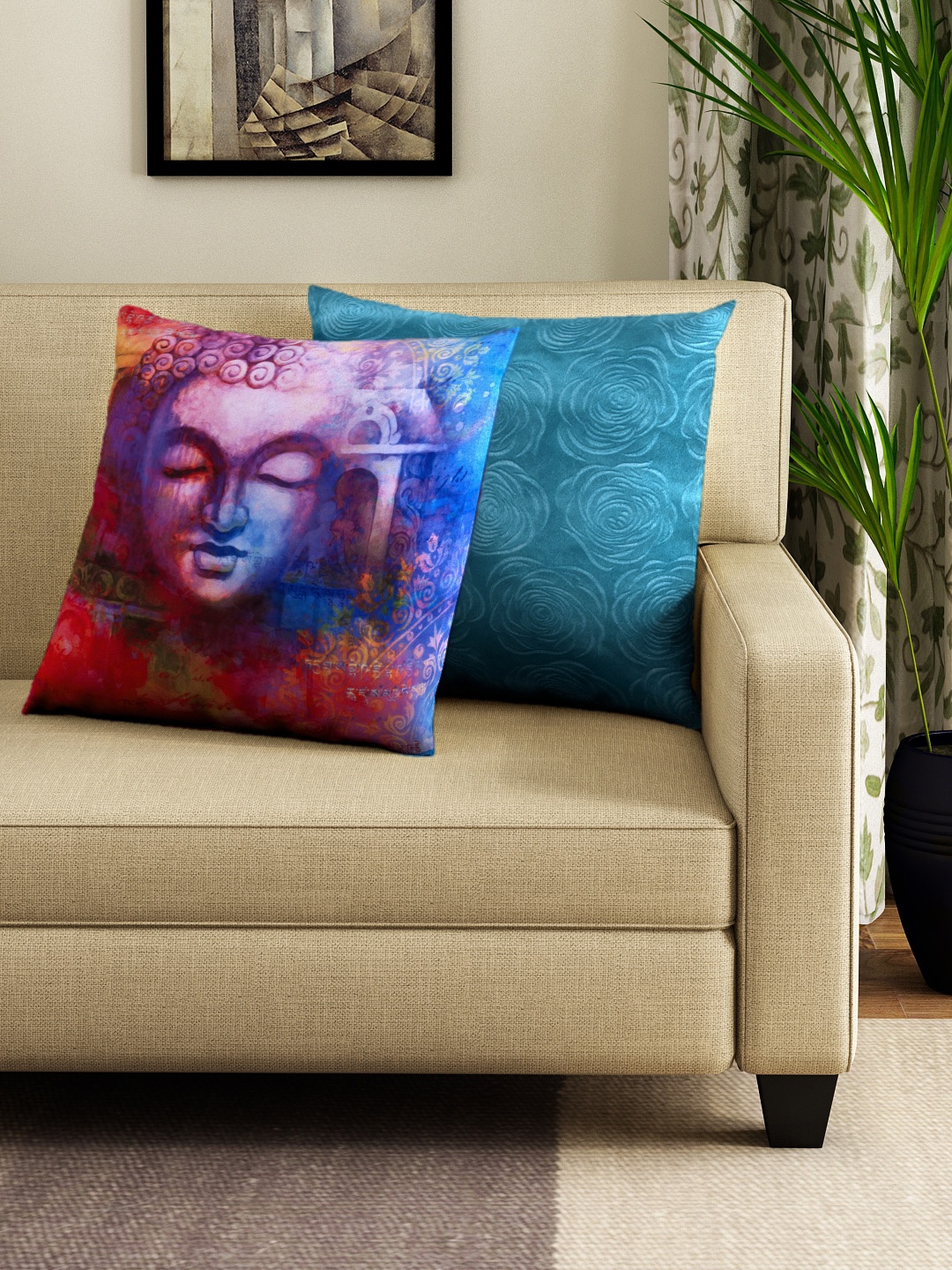 

HOUZZCODE Multicoloured Set of 2 Printed 16'' x 16'' Square Cushion Covers, Multi