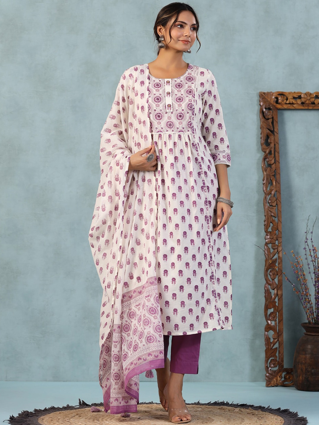 

PIROH Ethnic Motifs Printed Mirror Work Pure Cotton Kurta With Trousers & With Dupatta, Purple