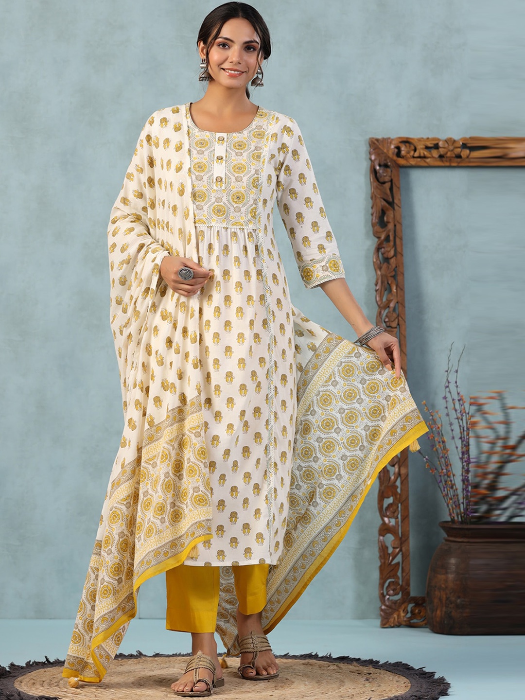 

PIROH Ethnic Motifs Printed Mirror Work Pure Cotton Kurta With Trousers & With Dupatta, Yellow
