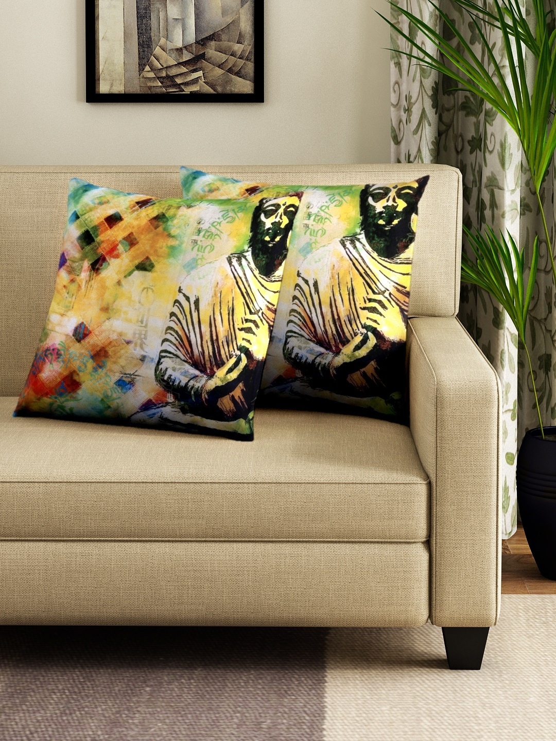 

HOUZZCODE Multicoloured Set of 2 Printed 16'' x 16'' Square Cushion Covers, Multi