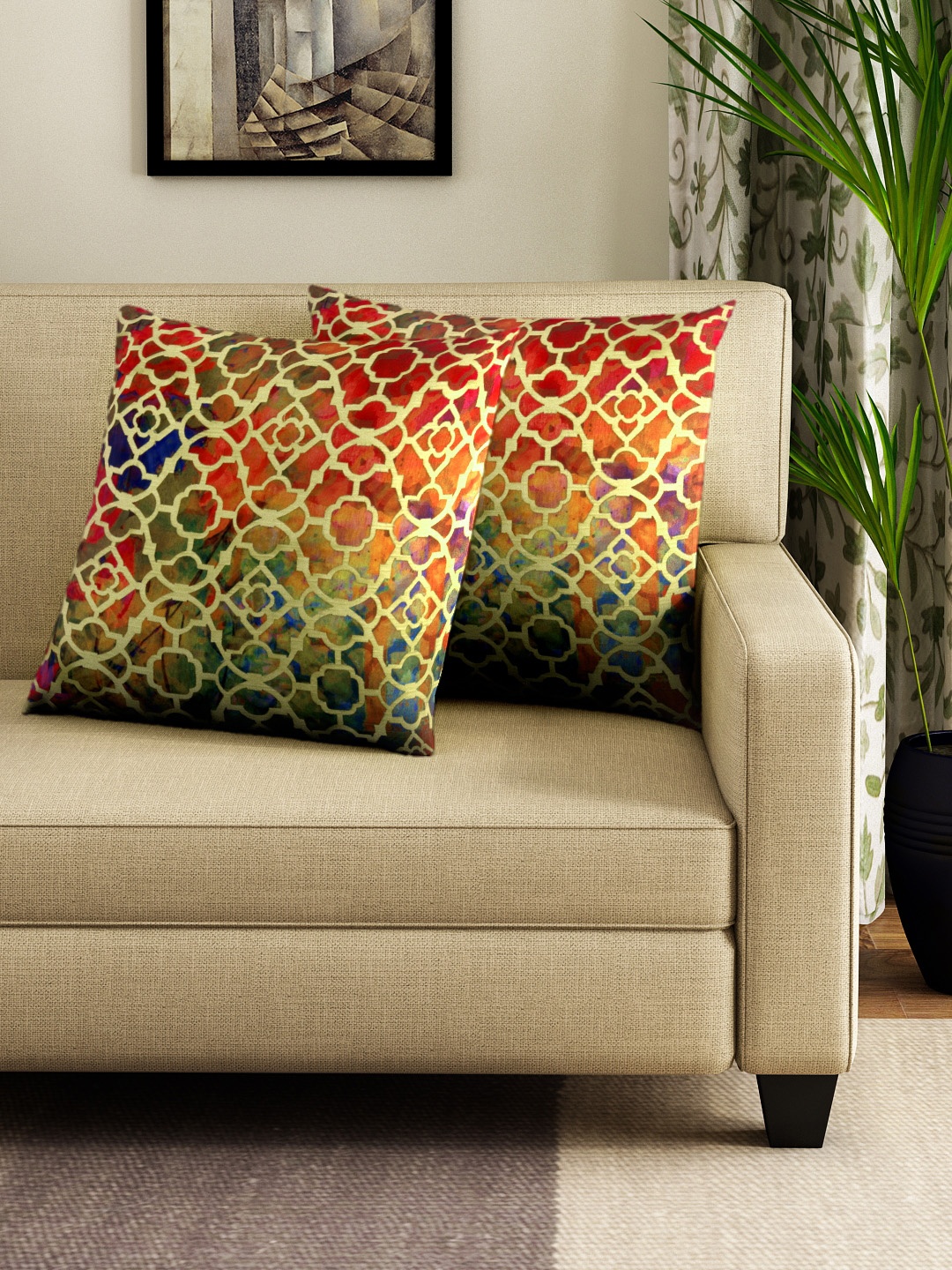 

HOUZZCODE Multicoloured Set of 2 Printed 16'' x 16'' Square Cushion Covers, Multi