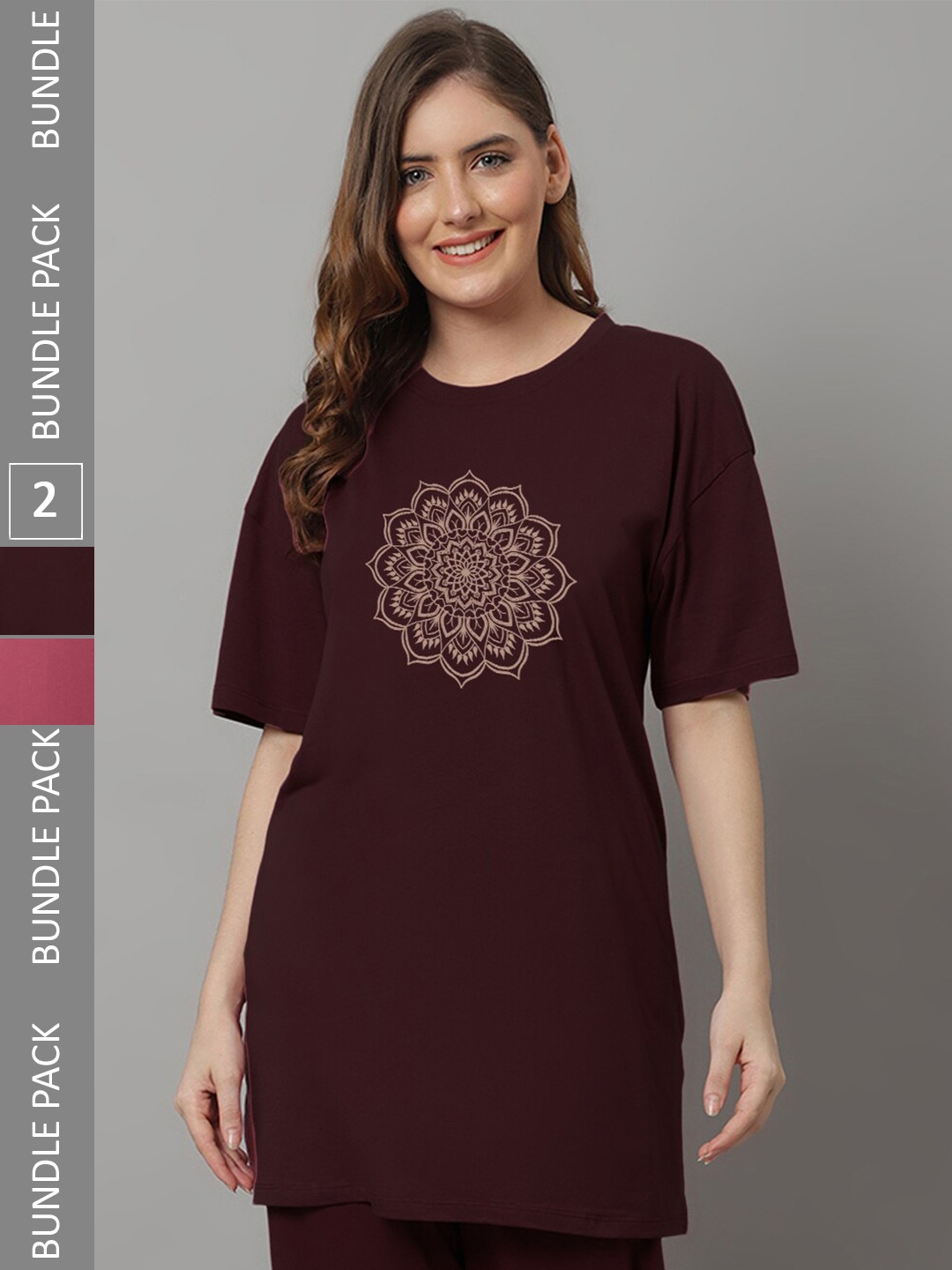 

Kanvin Pack of 2 Maroon & Pink Printed Longline Lounge T-shirts