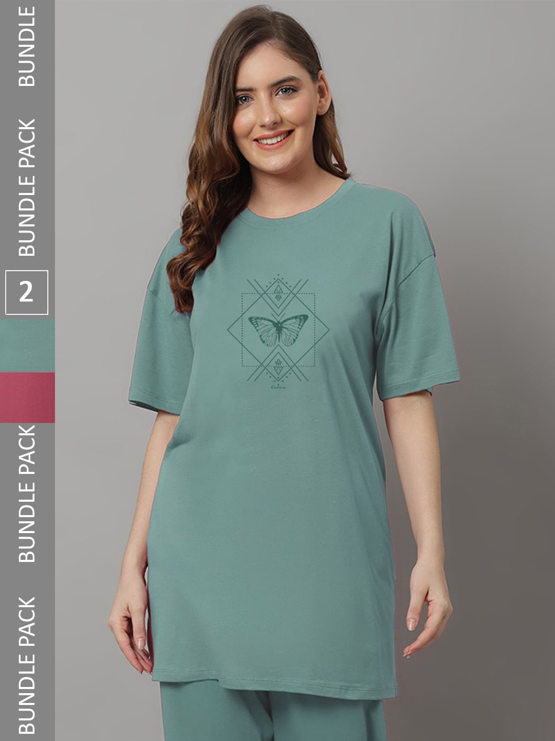 

Kanvin Pack of 2 Green & Maroon Typography Printed Longline Oversized Modal T-shirt
