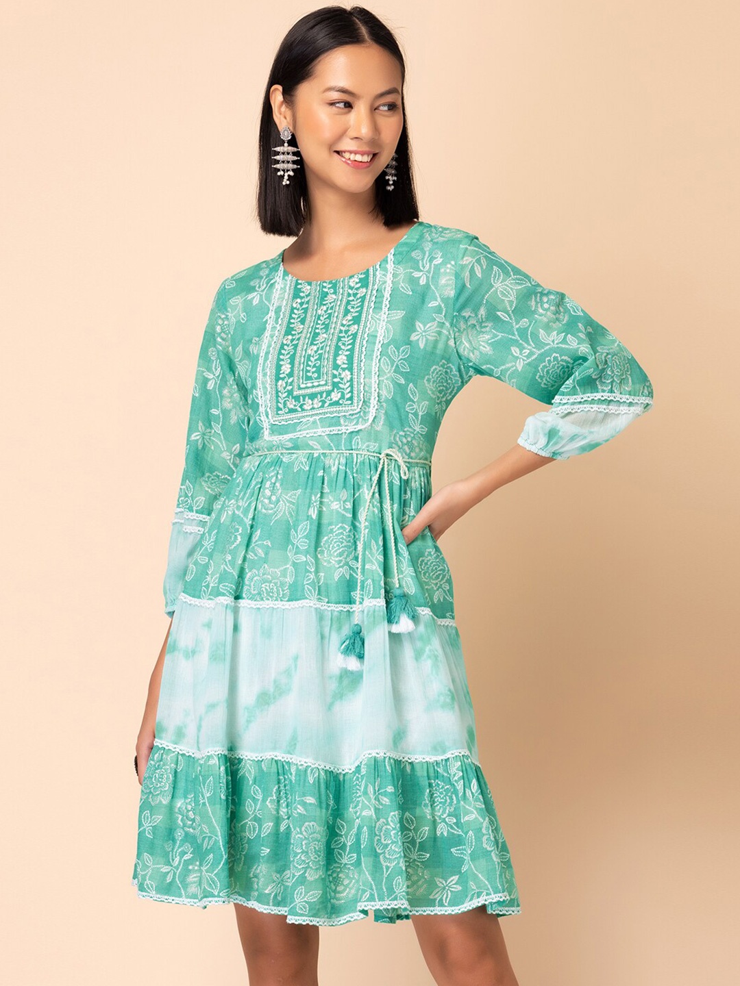 

INDYA Floral Printed Pure Cotton Fit & Flared Dress With Belt, Green