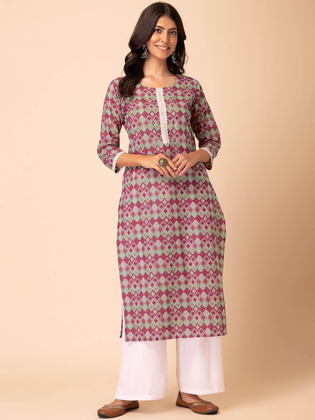 

INDYA Geometric Printed Pure Cotton Straight Kurta, Pink