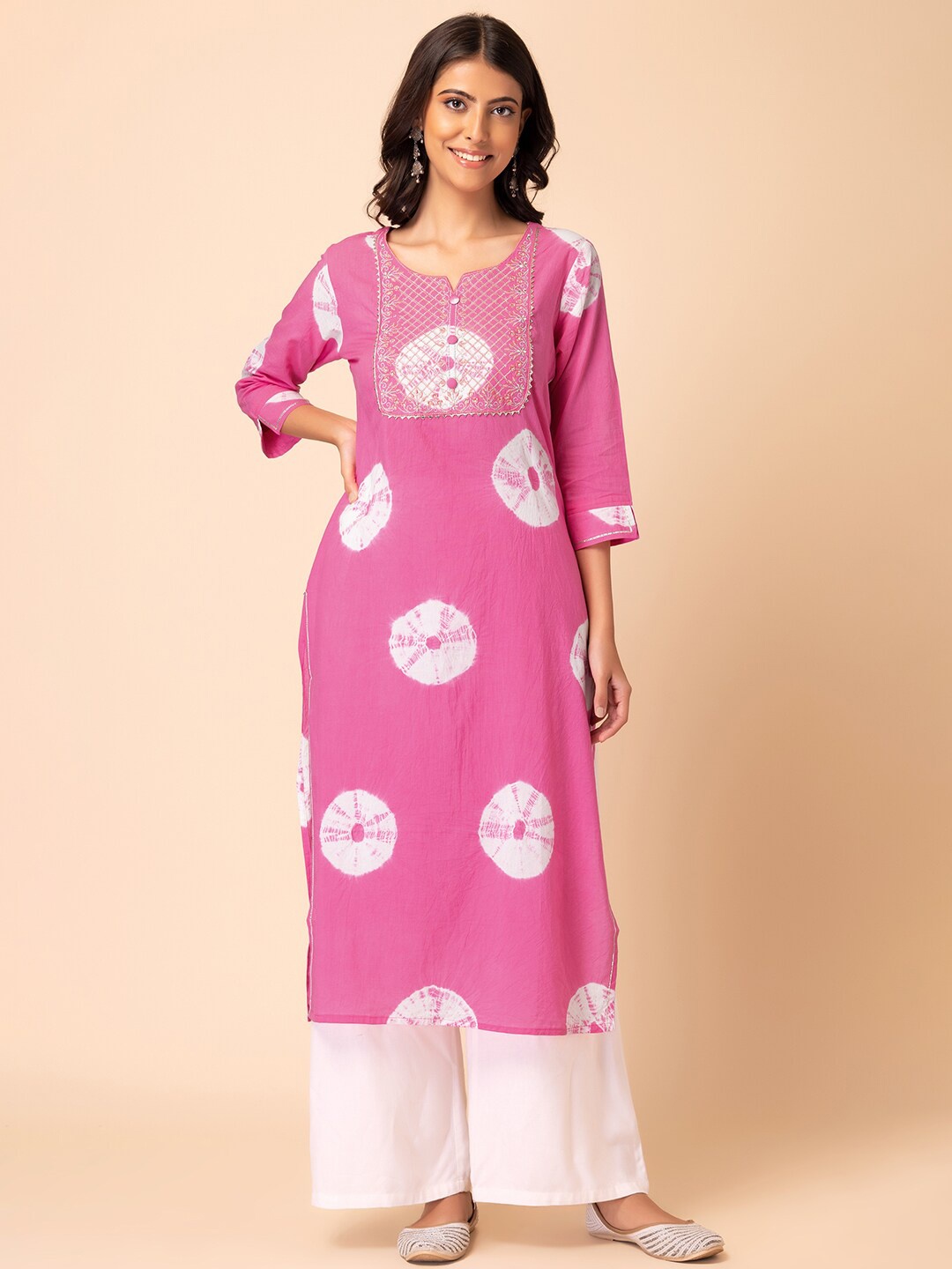 

INDYA Bandhani Printed Pure-Cotton A-Line Kurta, Pink