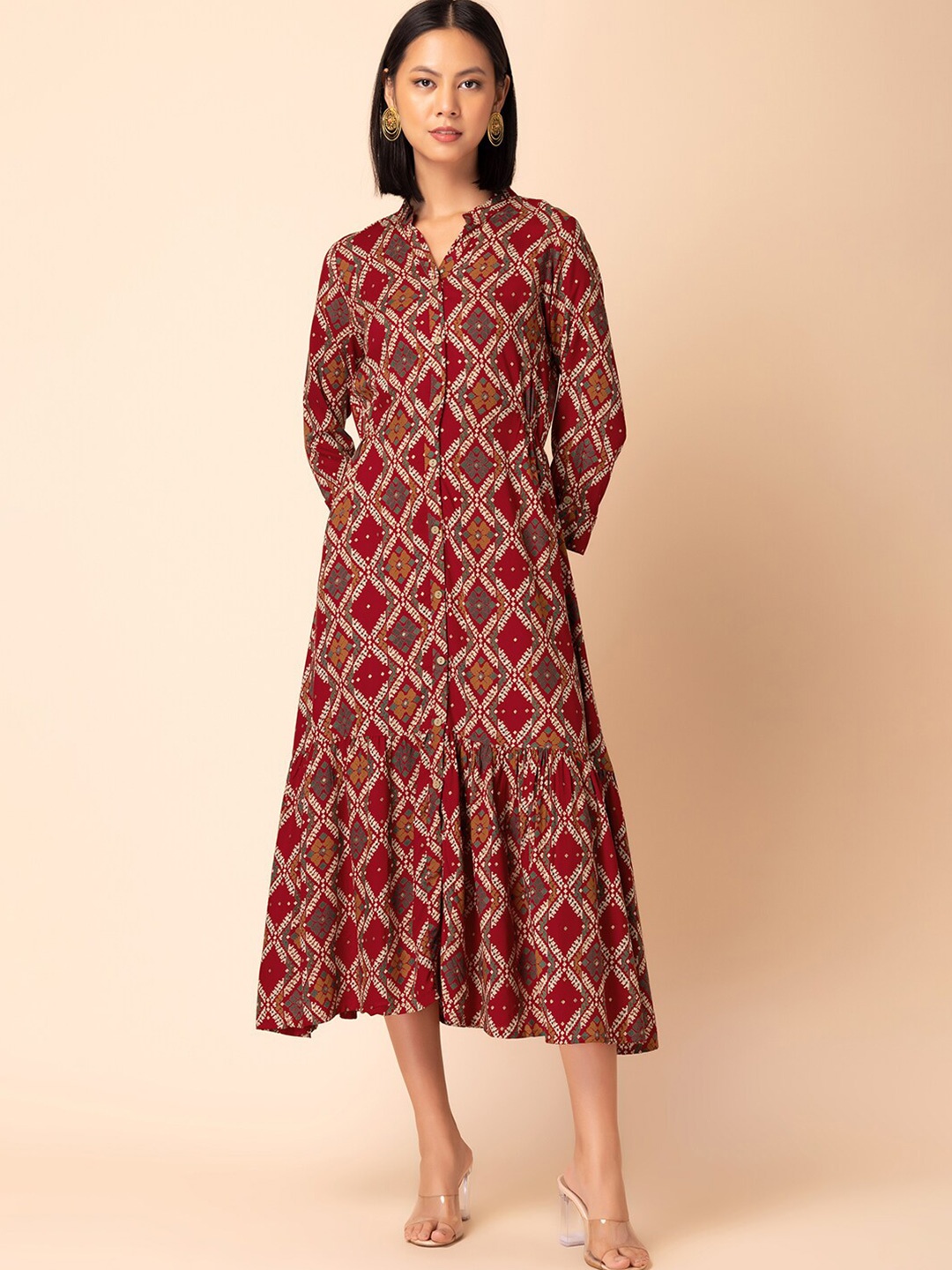 

INDYA Ethnic Motifs Printed Tiered Shirt Ethnic Dress, Maroon