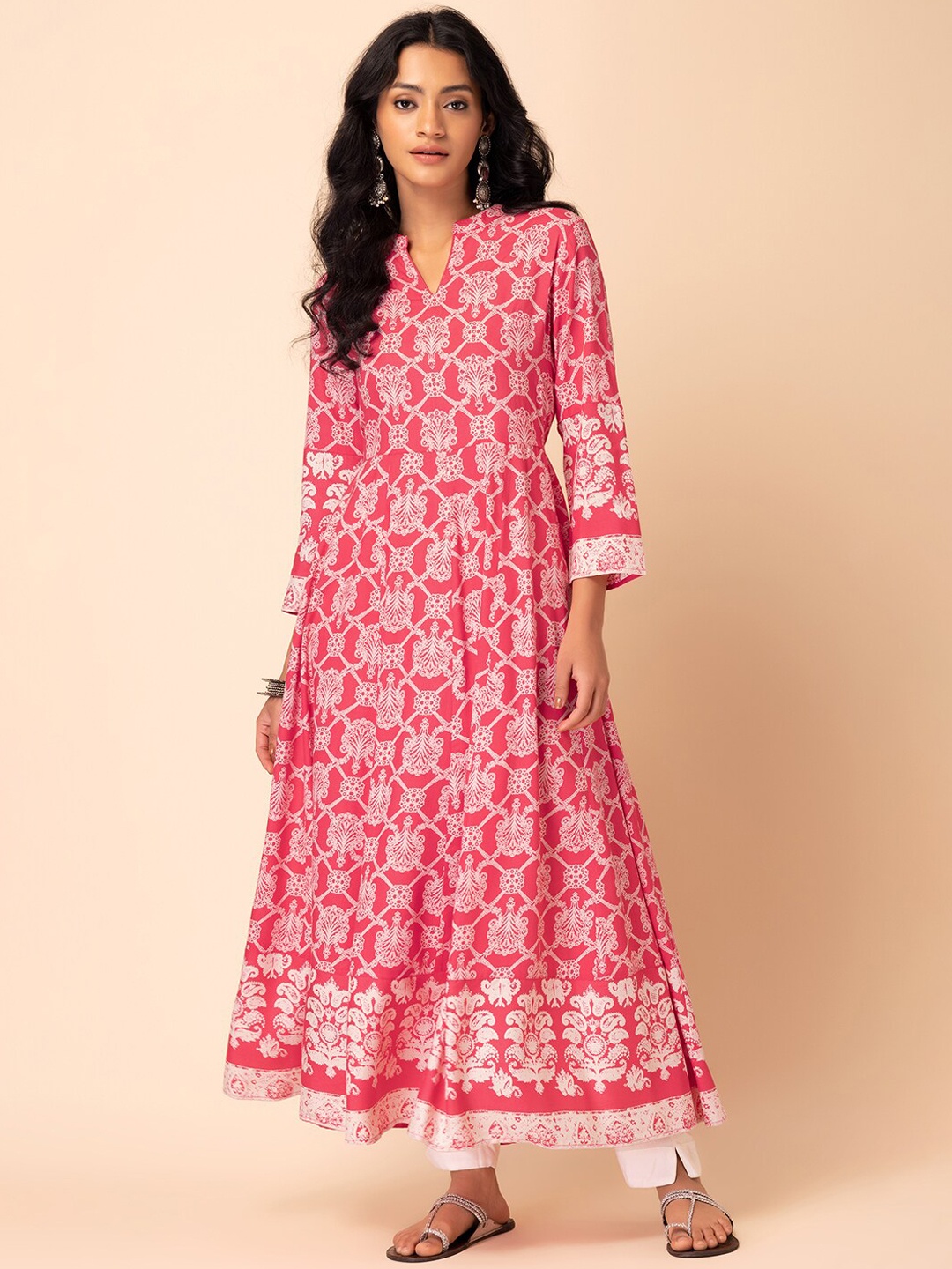 

INDYA Ethnic Motifs Printed Mandarin Collar Anarkali Kurta, Pink
