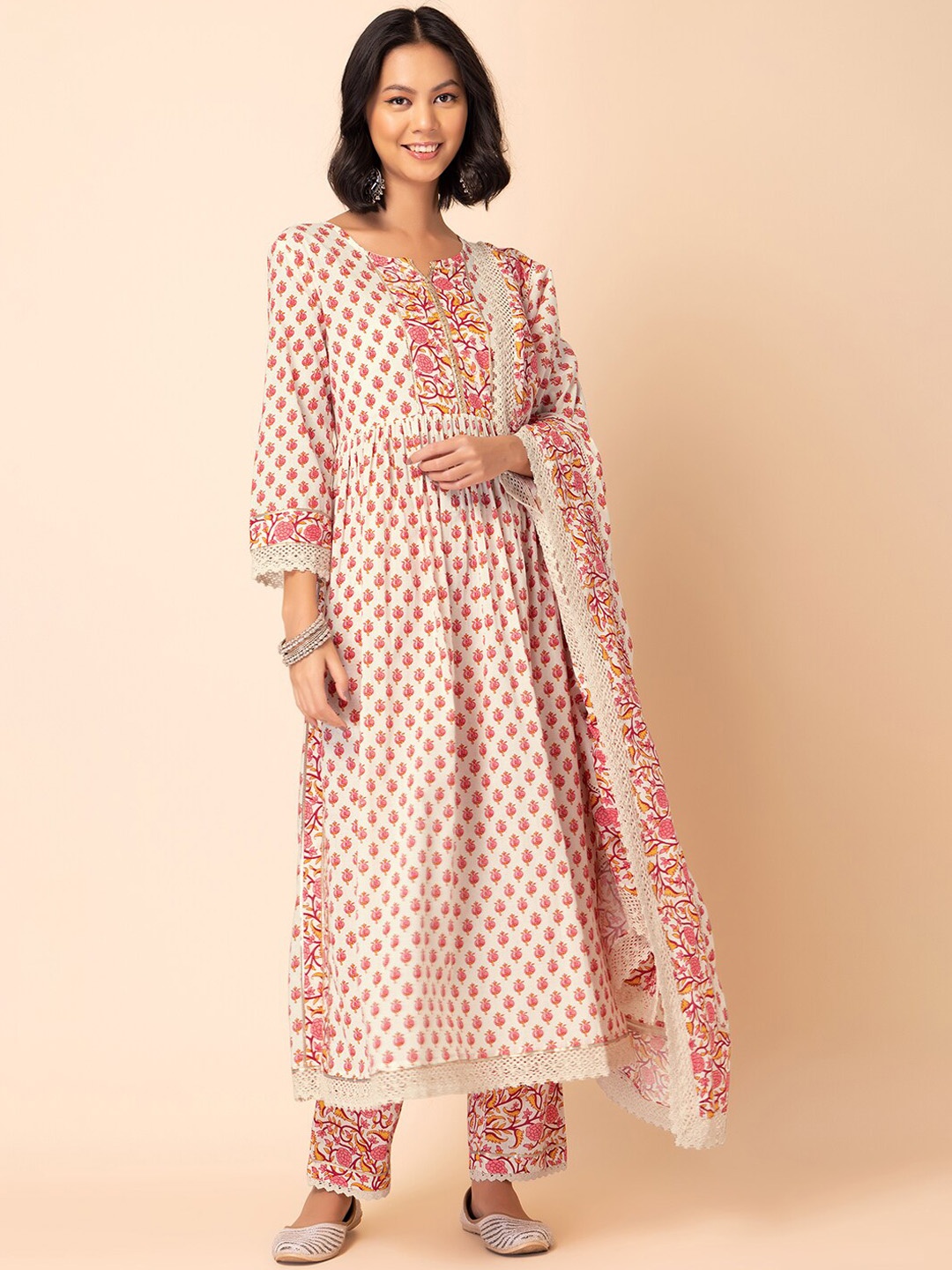 

INDYA Floral Printed Pure Cotton A-Line Kurta With Trouser & Dupatta, White