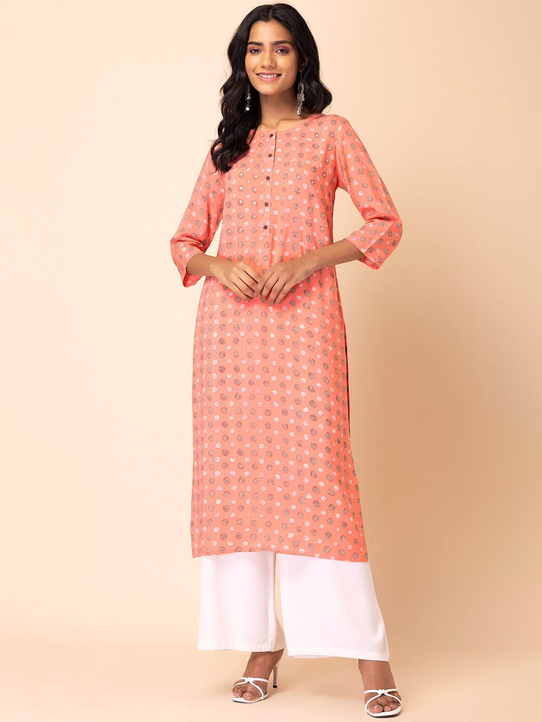 

INDYA Batik-Printed A-Line Kurta, Peach