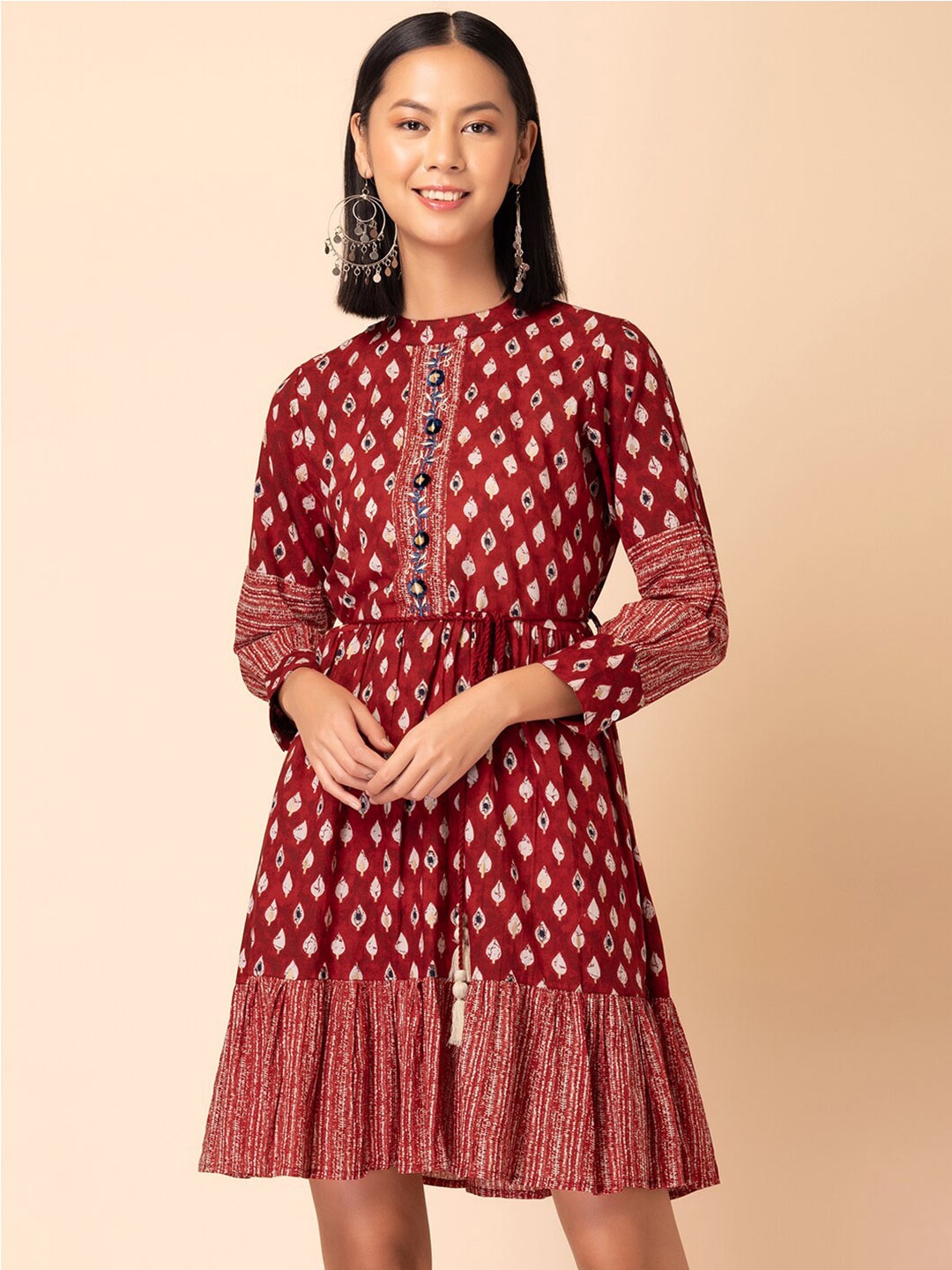 

INDYA Batik Printed Thread Work Tie-Up Detail Pure Cotton Fit & Flared Ethnic Dress, Maroon