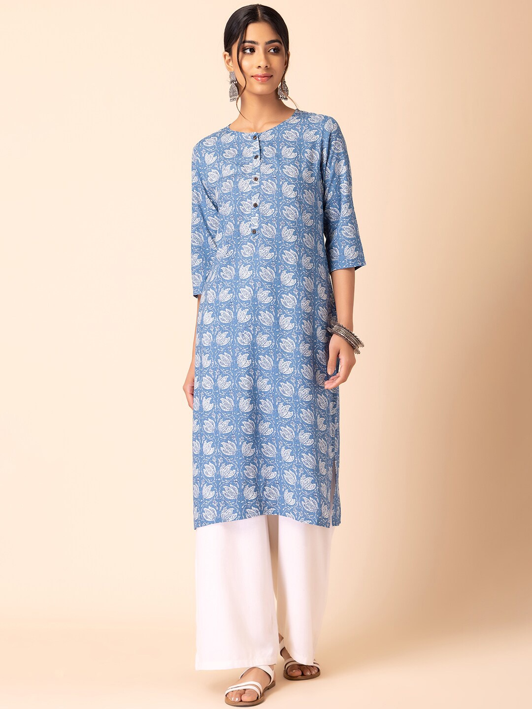 

INDYA Lotus Jaal Printed Straight Kurta, Blue