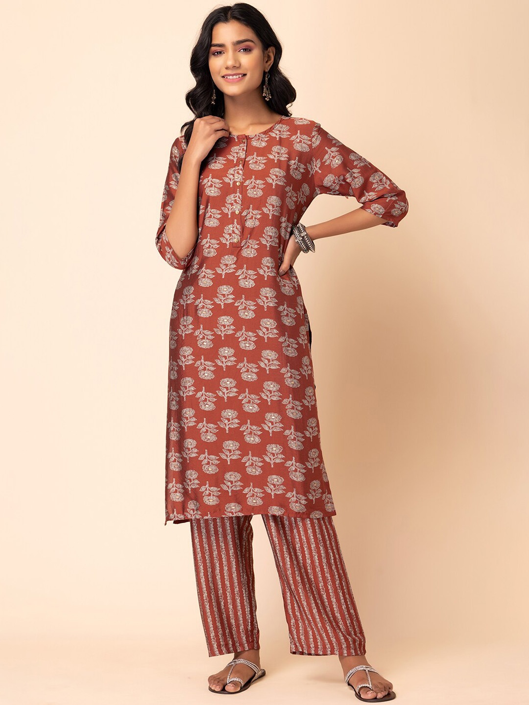 

INDYA Batik-Printed A-line Kurta With Trousers, Rust