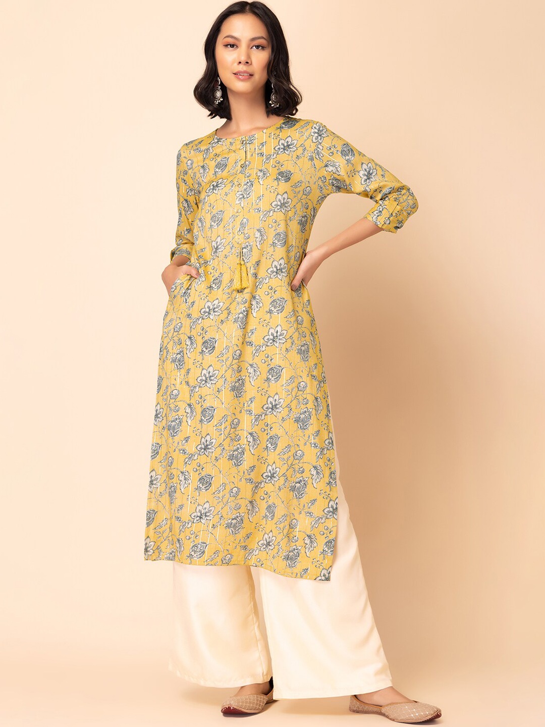 

INDYA Floral Printed Straight Kurta, Yellow