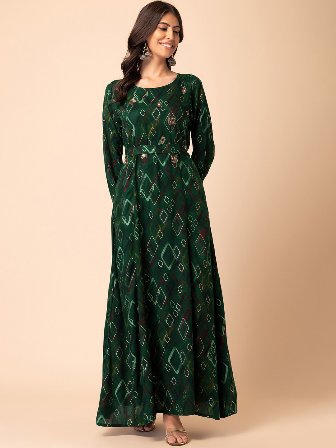 

INDYA Ethnic Motifs Printed Beads Detail Belted Mirror Work Ethnic Dresses, Green