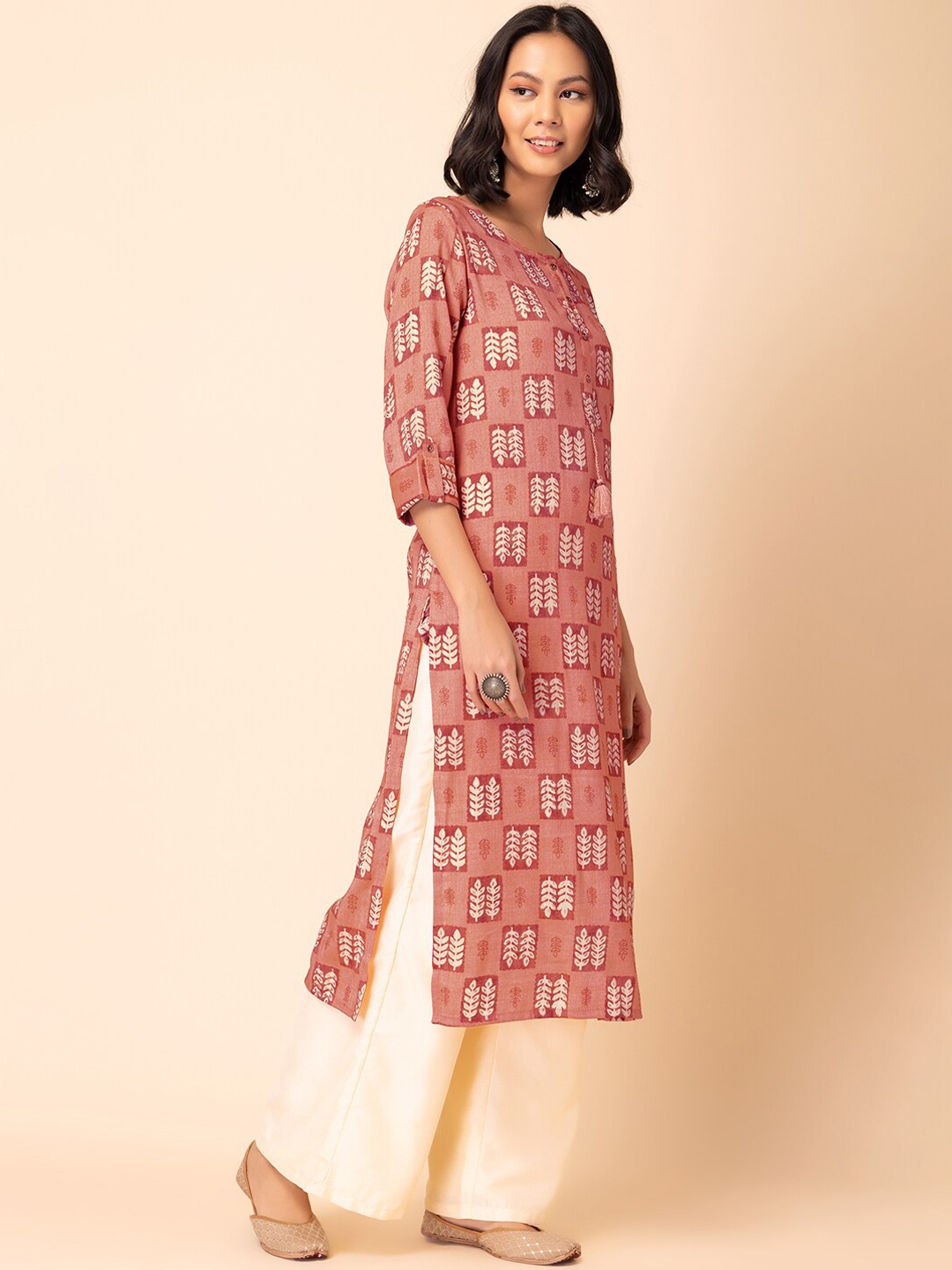 

INDYA Leaf Block Printed Straight Kurta, Orange