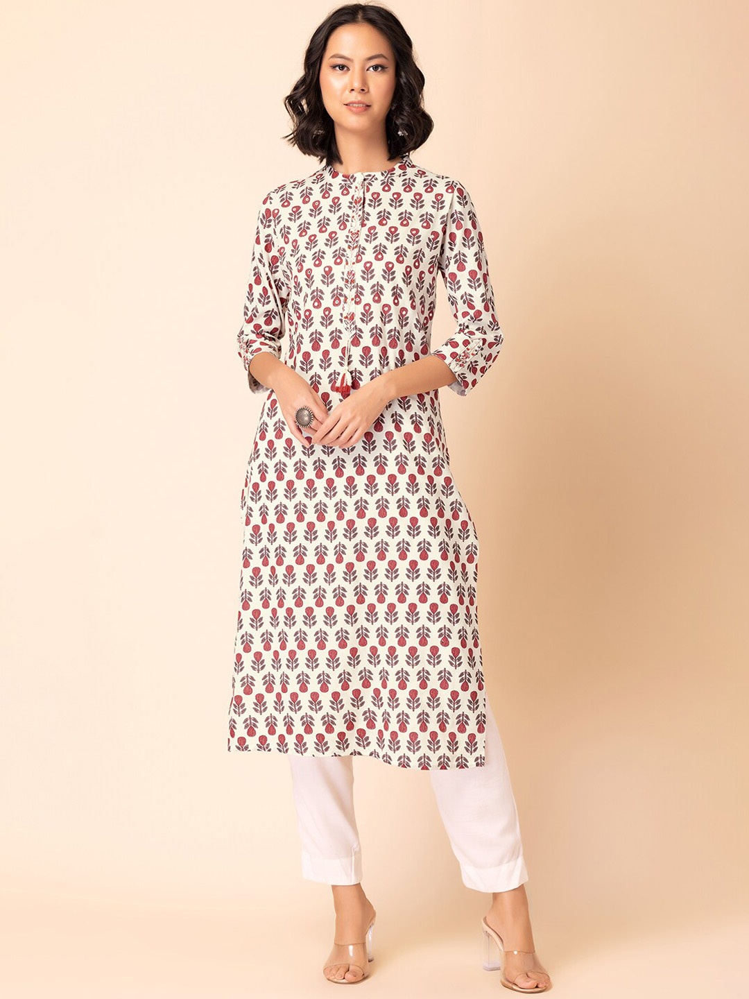 

INDYA Floral Printed Mandarin Collar A-Line Kurta, Off white
