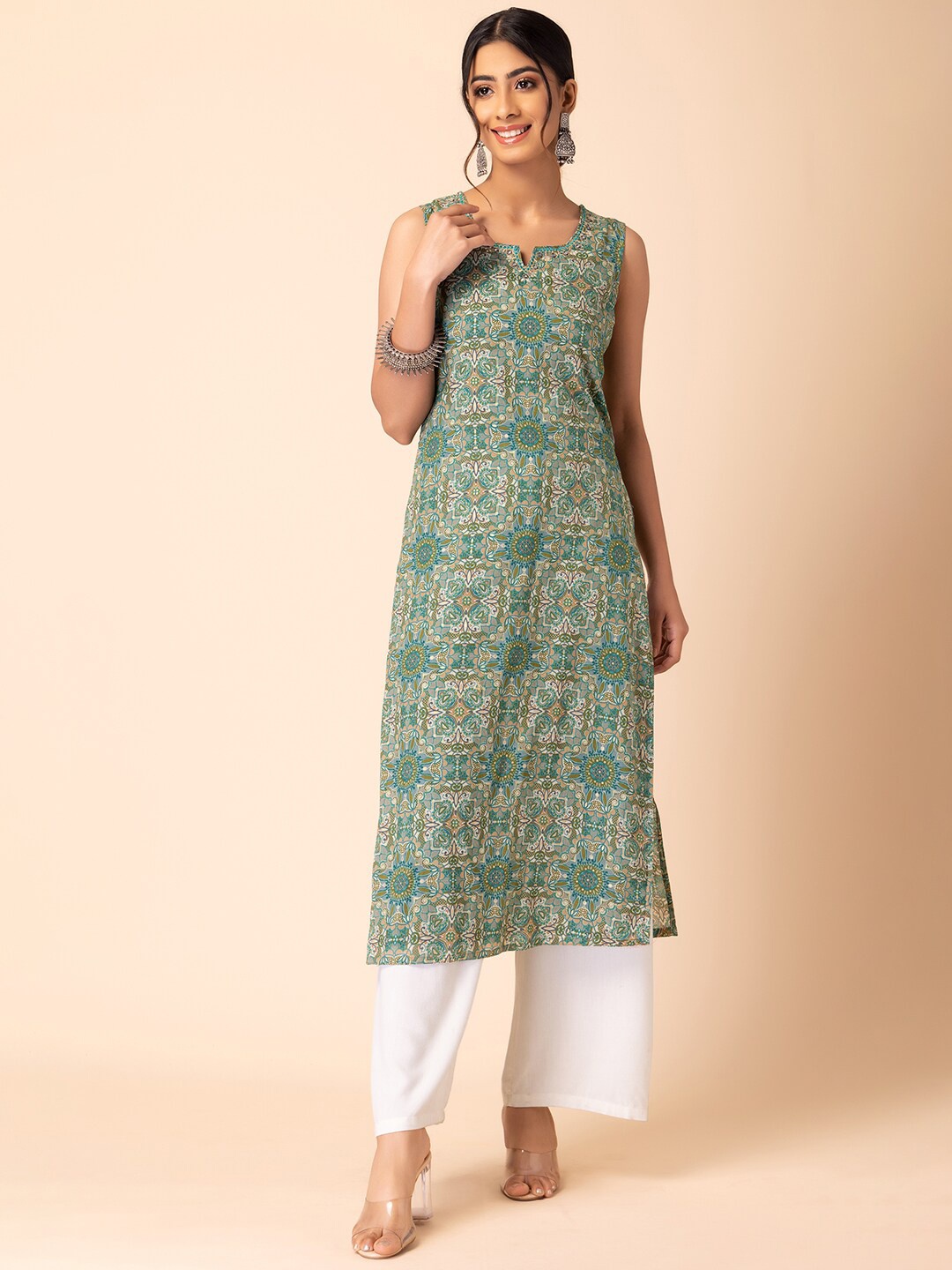 

INDYA Ethnic Motifs Printed Embroidered Pure Cotton Straight Kurta, Green