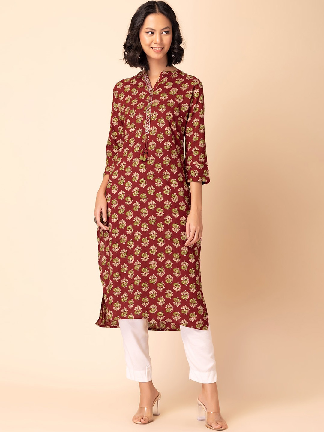 

INDYA Floral Batik Boota Printed Mandarin Collar Anarkali Kurta, Maroon