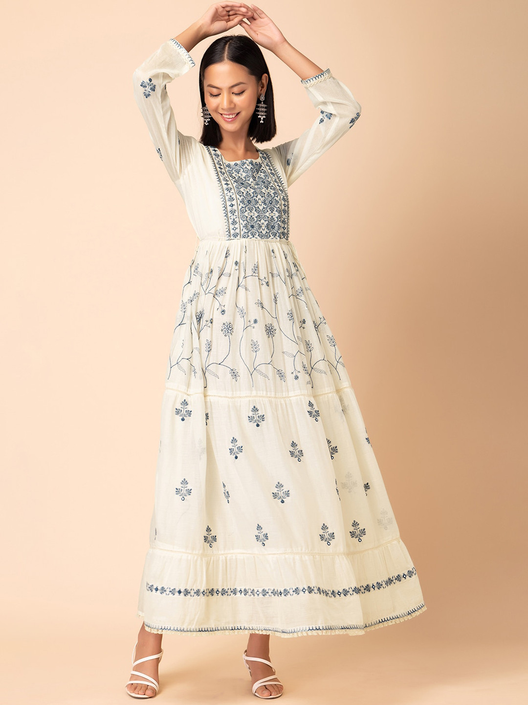 

INDYA Floral Printed Pure Cotton Maxi Anarkali Kurta, White