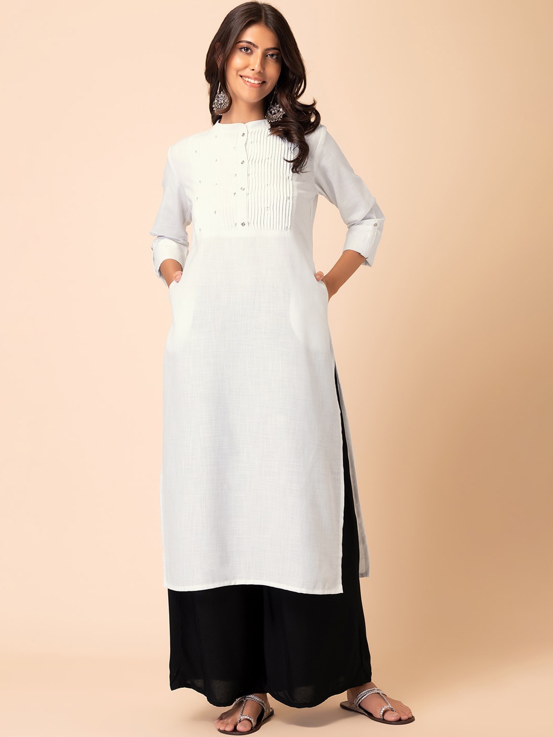 

INDYA Zari Embroidered Pleated Design Mandarin Collar Straight Kurta, White