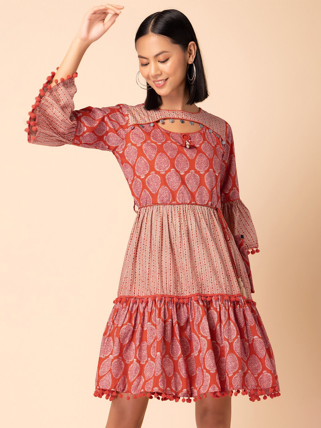 

INDYA Floral Printed Pom-Pom Detail Bell Sleeves Tiered Fit & Flare Pure Cotton Dress, Red