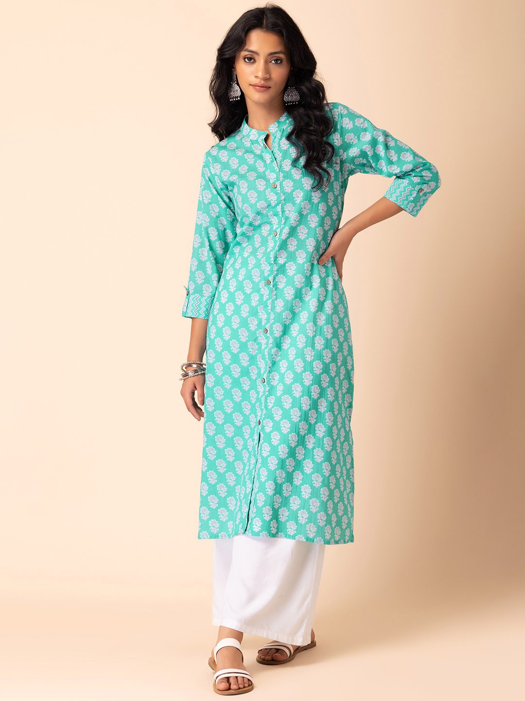 

INDYA Floral Printed Mandarin Collar Pure Cotton A-Line Kurta, Green