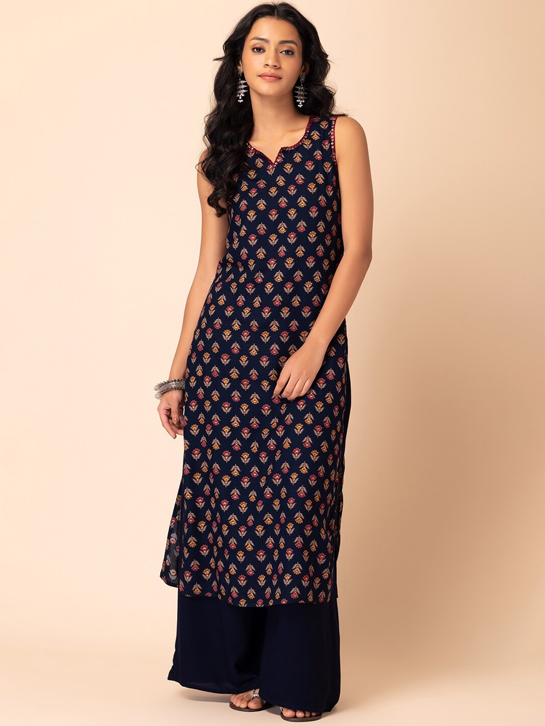 

INDYA Floral Boota Printed Straight Kurta, Navy blue