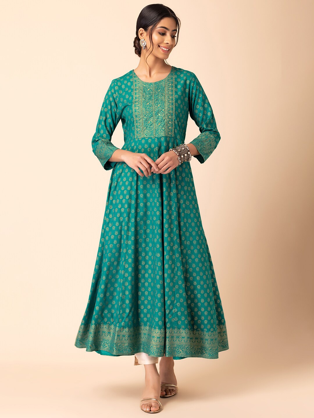 

INDYA Floral Foil Printed Anarkali Kurta, Green