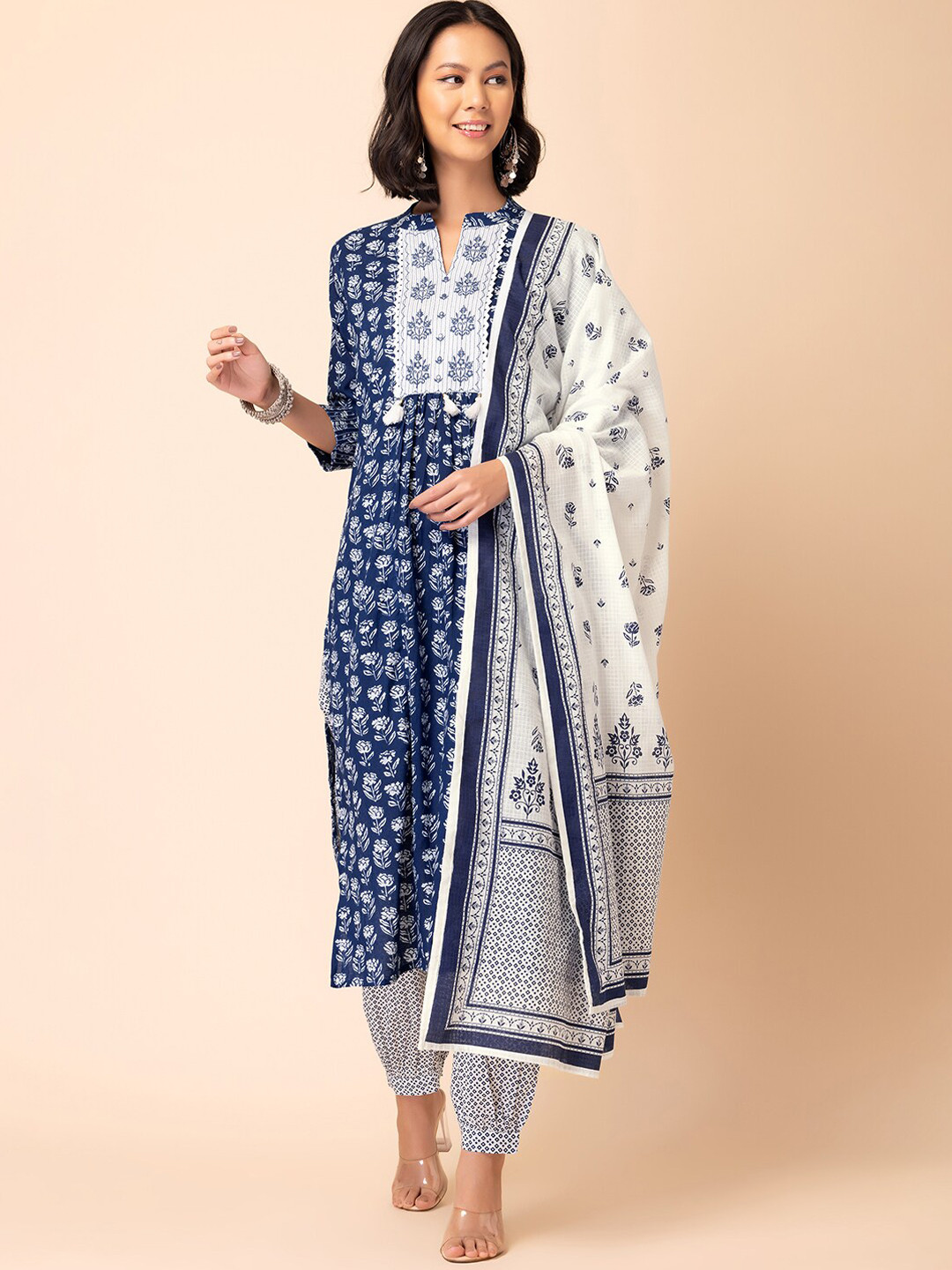

INDYA Floral Printed Pure Cotton A-Line Kurta With Trouser & Dupatta, Blue