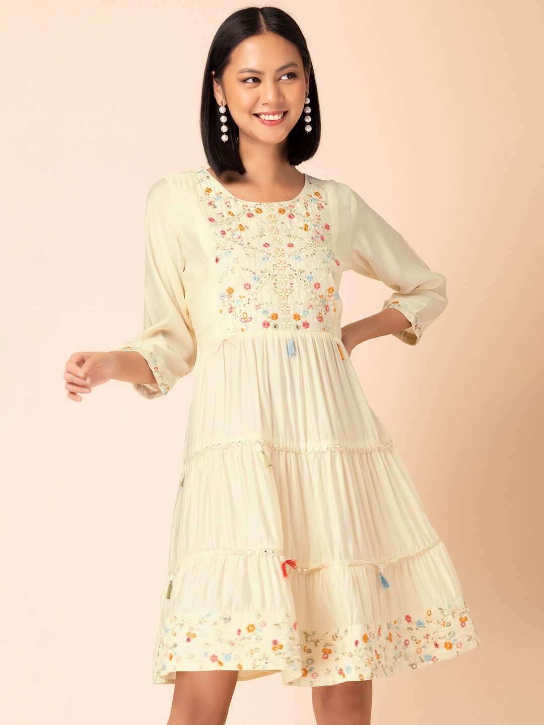 

INDYA Floral Embroidered Mirror Work Gathered Tiered Fit & Flare Dress, Cream