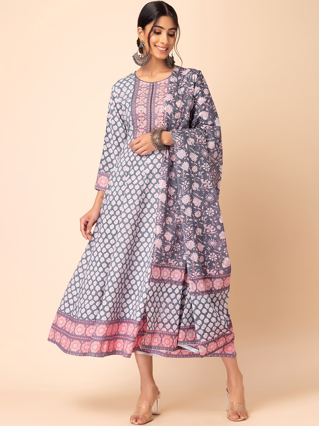 

INDYA Grey Floral Printed Mirror Work Anarkali Kurta And Dupatta