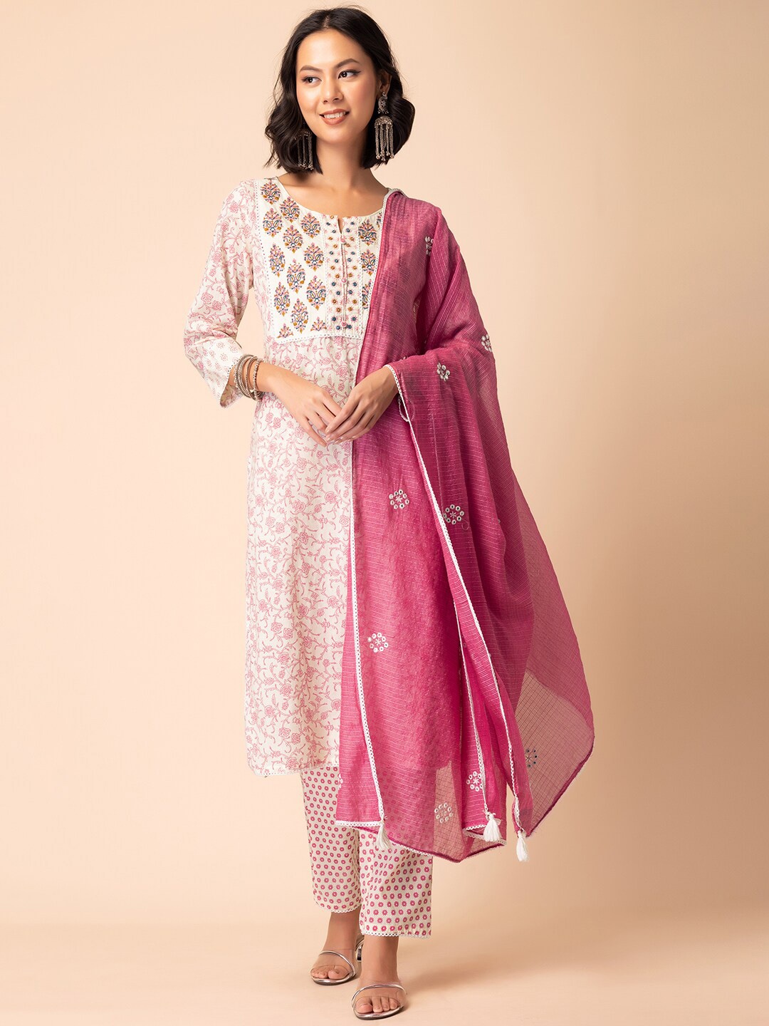 

INDYA Floral Jaal Printed Pure Cotton Kurta With Trouser & Dupatta, White