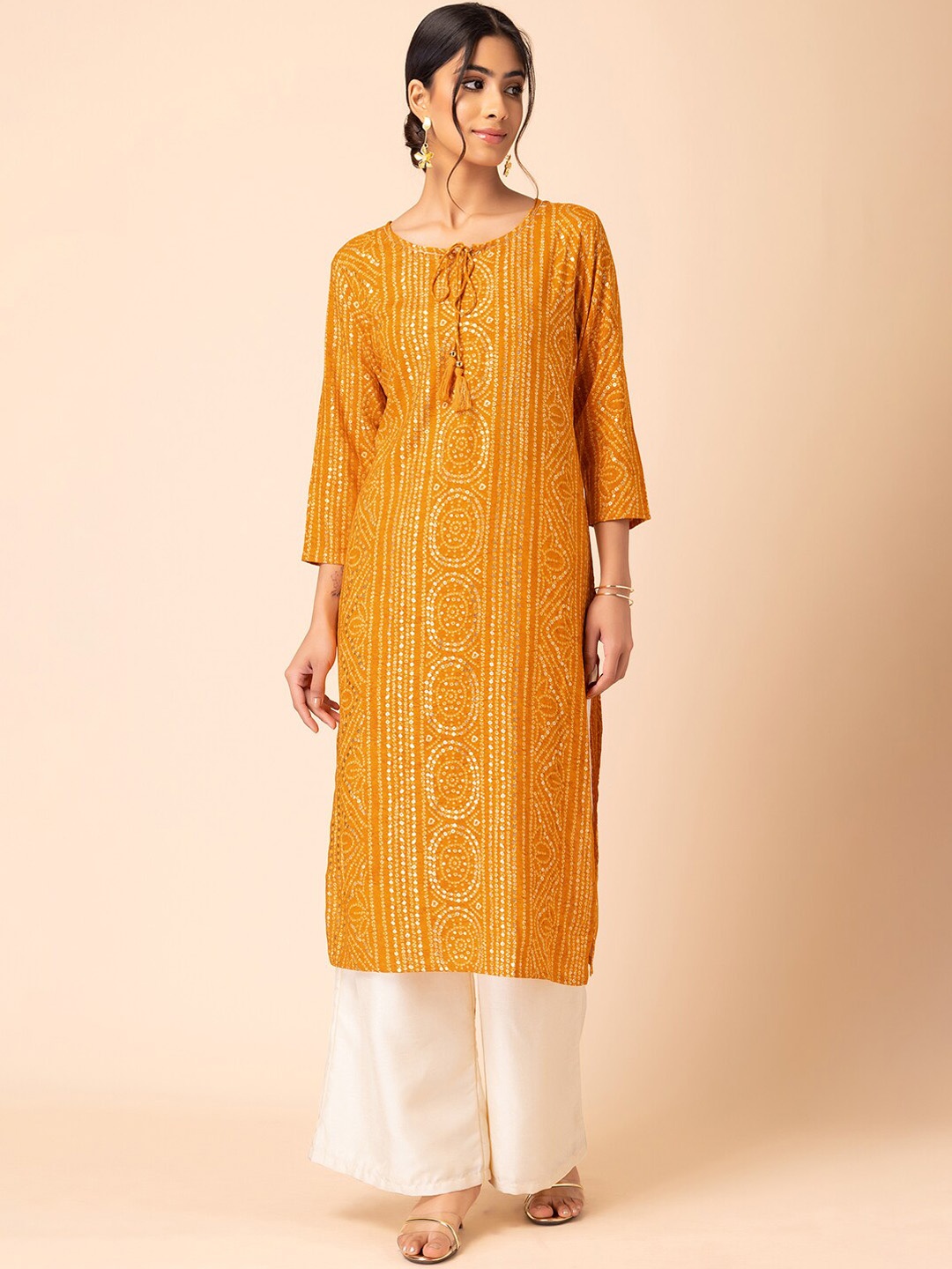 

INDYA Yellow Bandhani Printed Straight Kurta