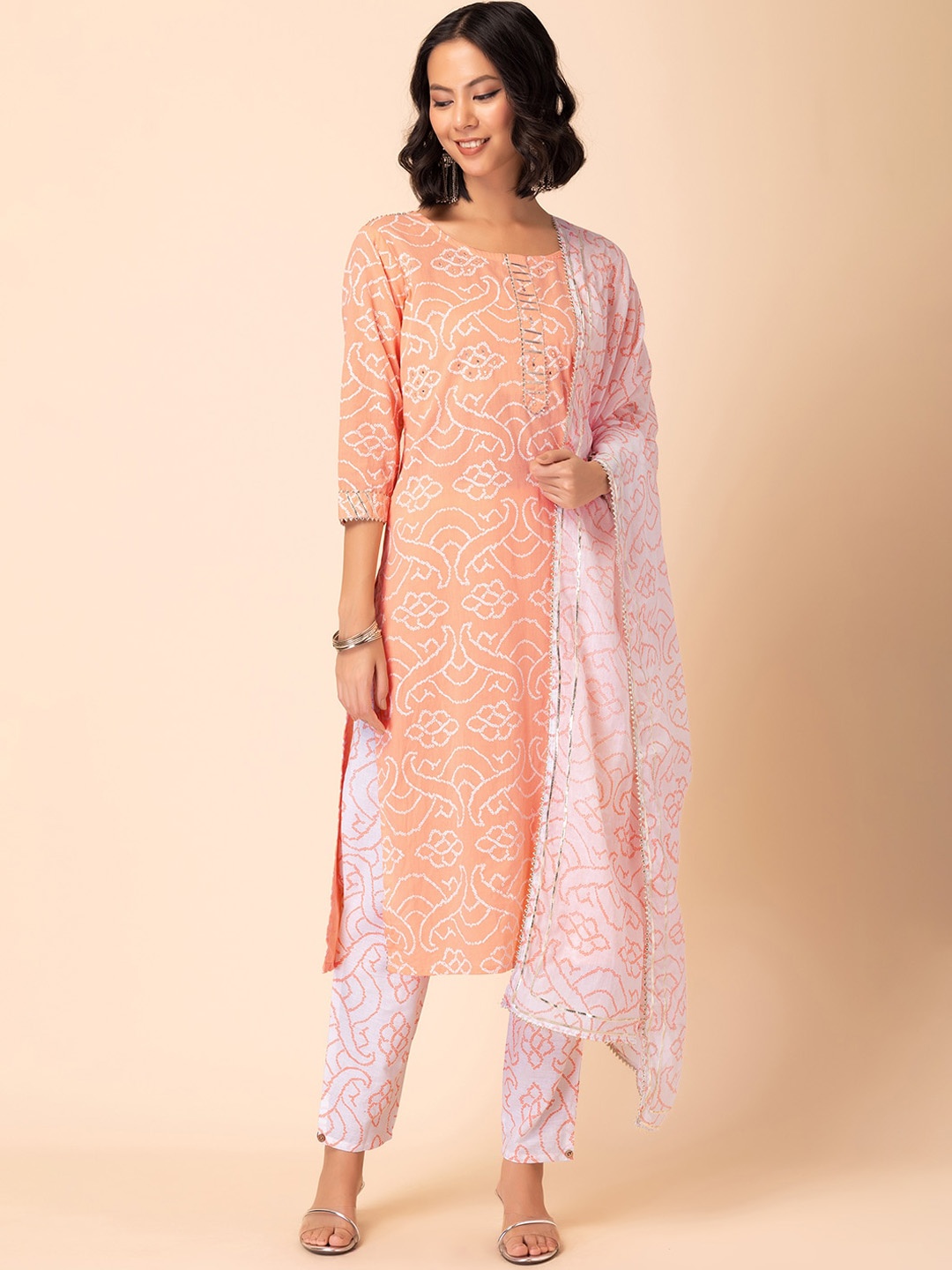 

INDYA Bandhani-Printed Pure-Cotton Gotta Patti A-Line Kurta With Trouser & Dupatta, Peach