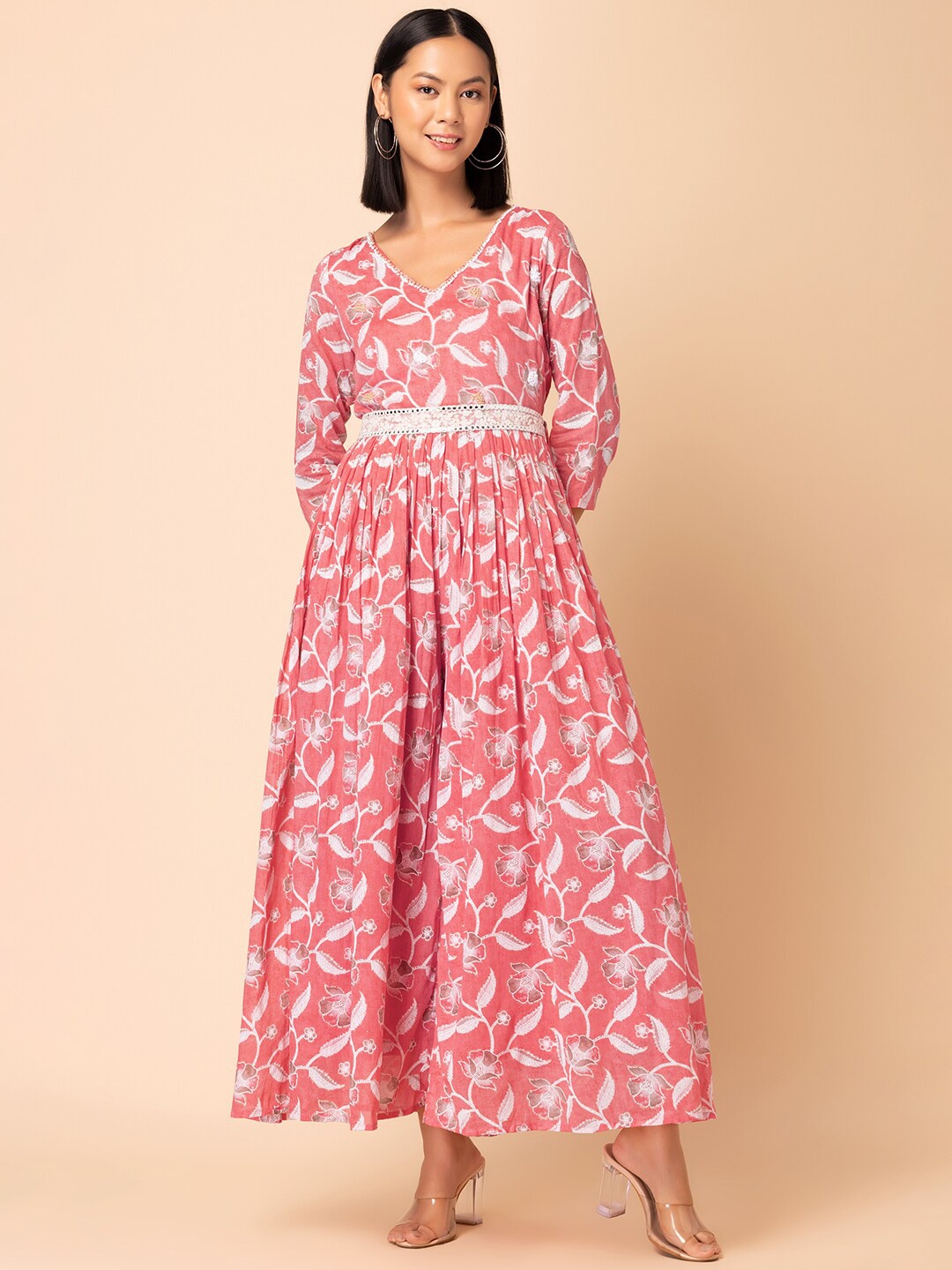 

INDYA Belted Floral Printed Pure Cotton Jumpsuit, Peach