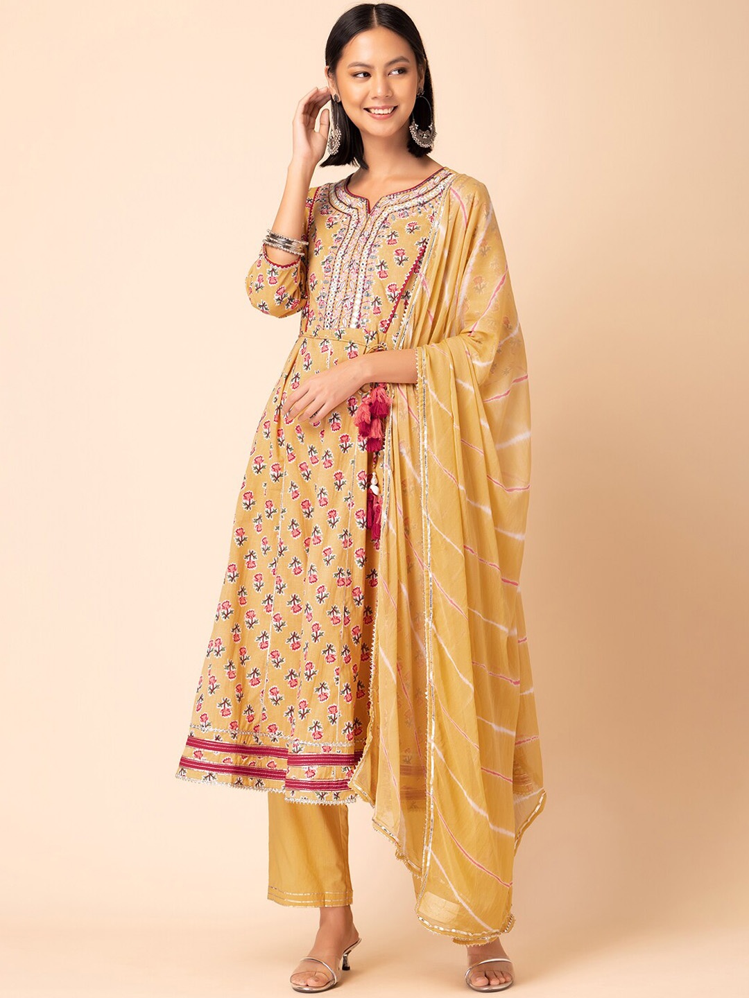 

INDYA Floral Printed Mirror Work Pure Cotton Anarkali Kurta With Trouser & Dupatta, Yellow