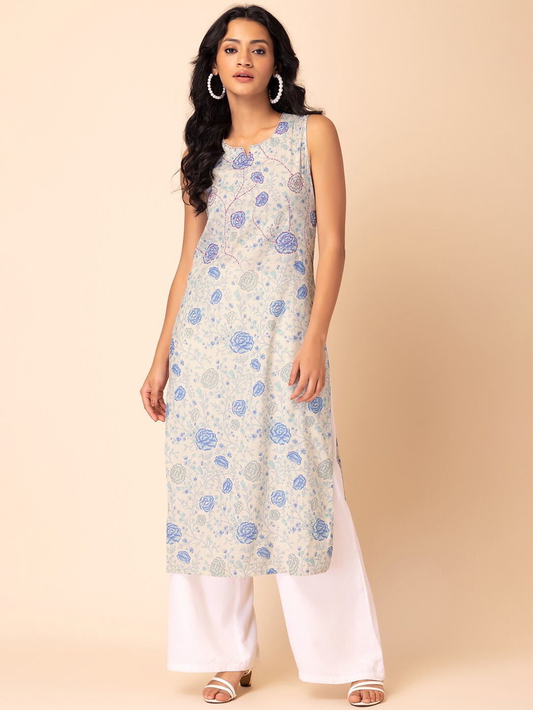 

INDYA Floral Printed Thread Work Pure Cotton Straight Kurta, Beige