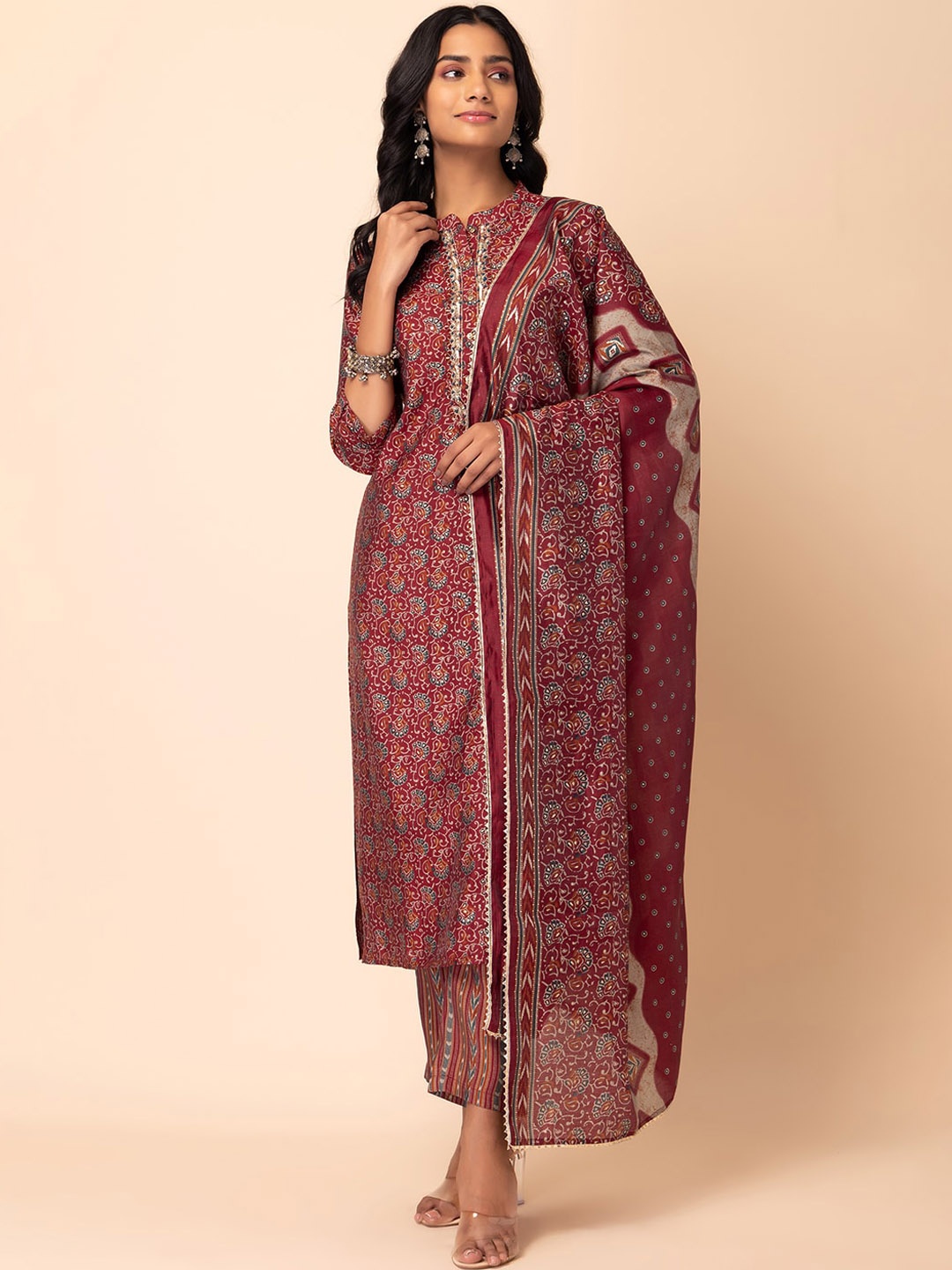 

INDYA Floral Printed Straight Kurta With Trouser & Dupatta, Maroon