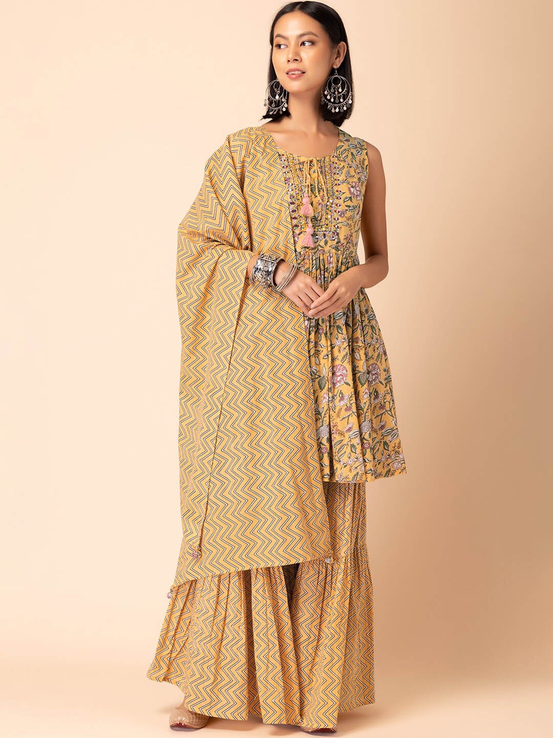 INDYA Floral Printed Pure Cotton Kurta With Sharara & Dupatta, Yellow