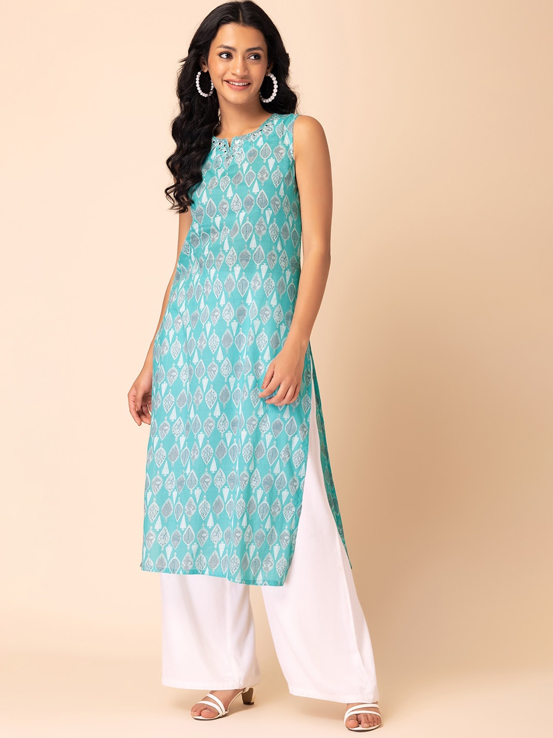 

INDYA Floral Printed Mirror Work Pure Cotton Straight Kurta, Green